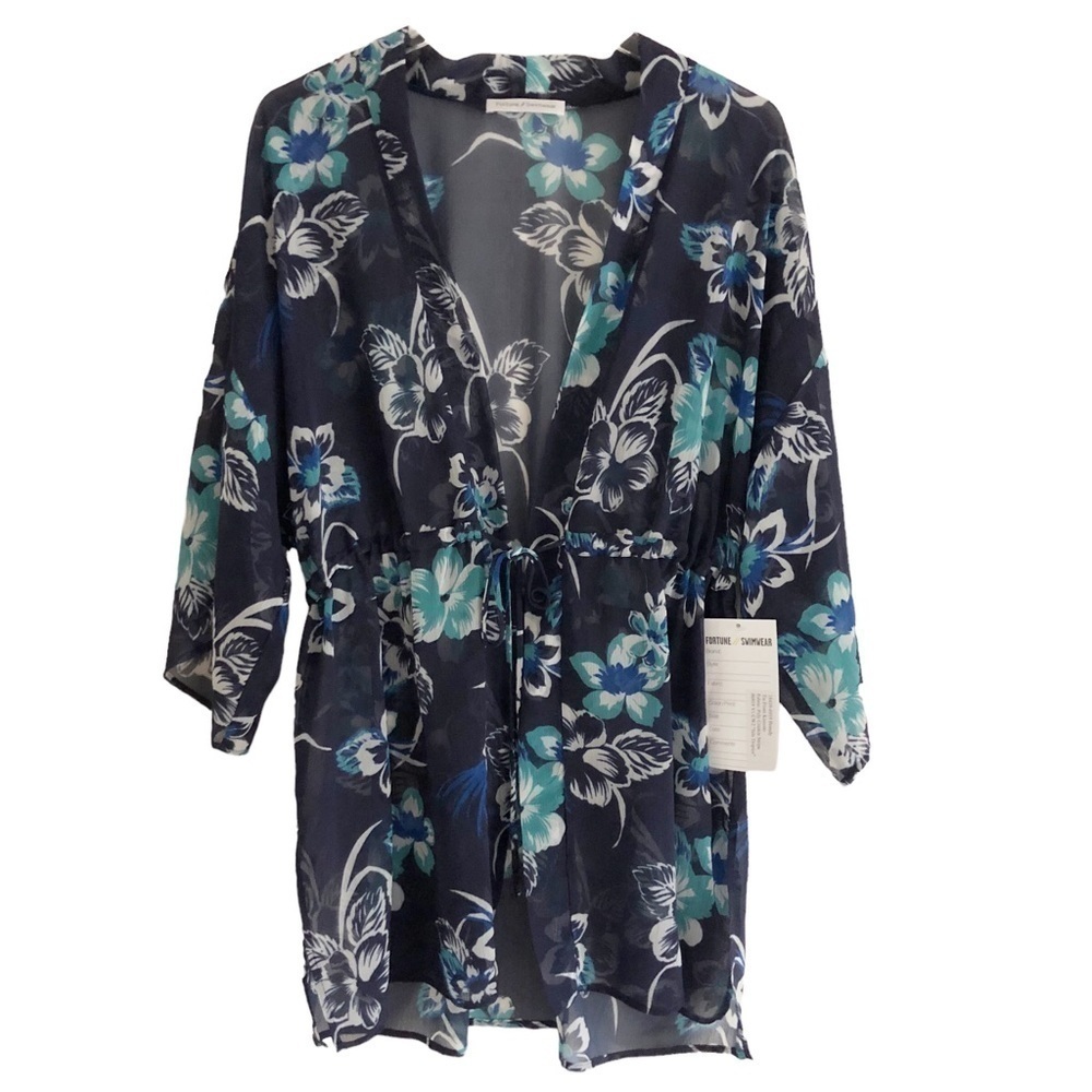 Fortune Swimwear Brandy Tie Front Kimono Blue Floral Print